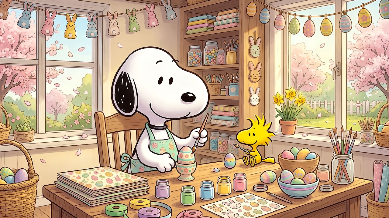 Snoopy's Cozy Easter Egg Painting Session 🌸🥚 Soothing Jazz Music & Cozy Spring Day Tunes