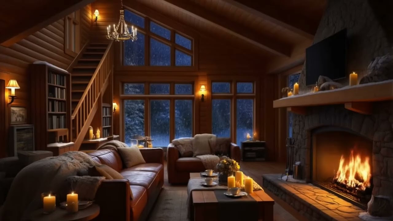 Cozy Rustic Log Cabin ❄️ Fireplace & Candlelight | Peaceful Winter Evening Ambience 4K