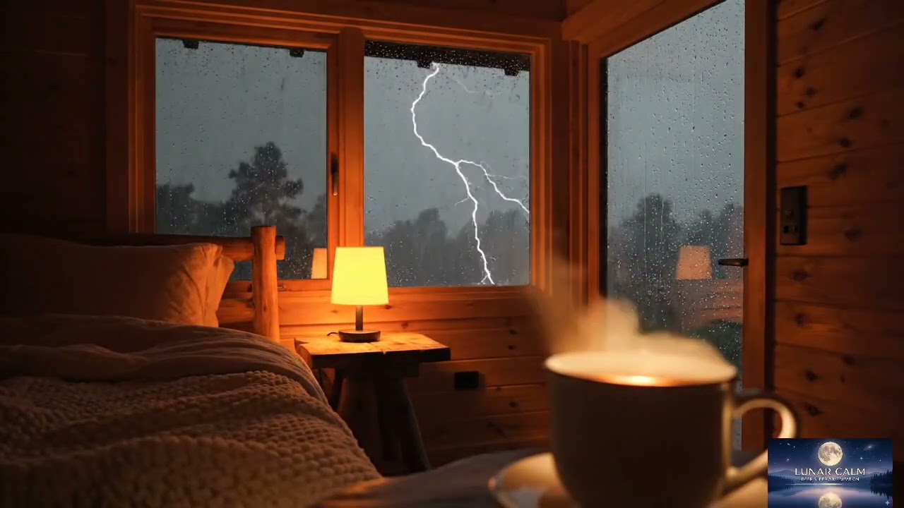 Deep Sleep in a Cozy Cabin 🌧️ Heavy Rain & Thunder Sounds for Sleeping & Insomnia | Lunar Calm