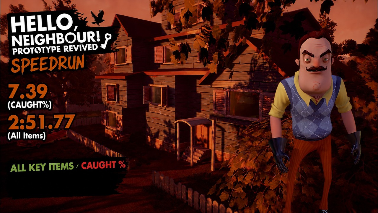 Hello Neighbor Prototype Revived - Speedrun (7.39 and 2:51.77) All Key Items / Caught %