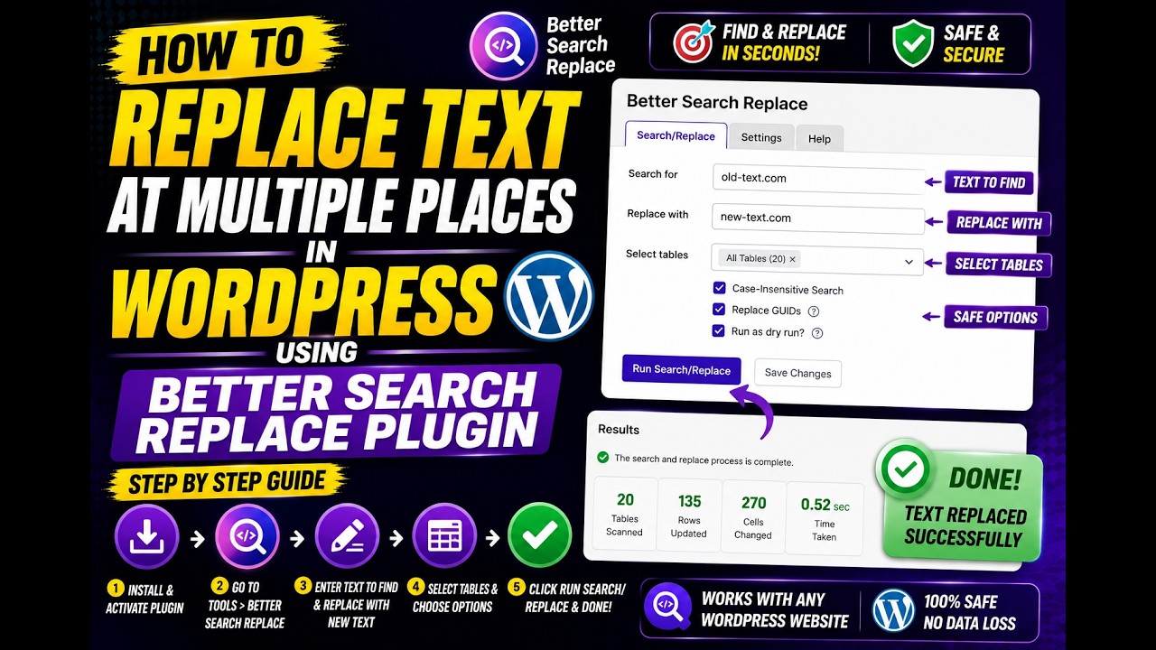 How to replace text at multiple places in wordpress website using Better Search Replace Plugin