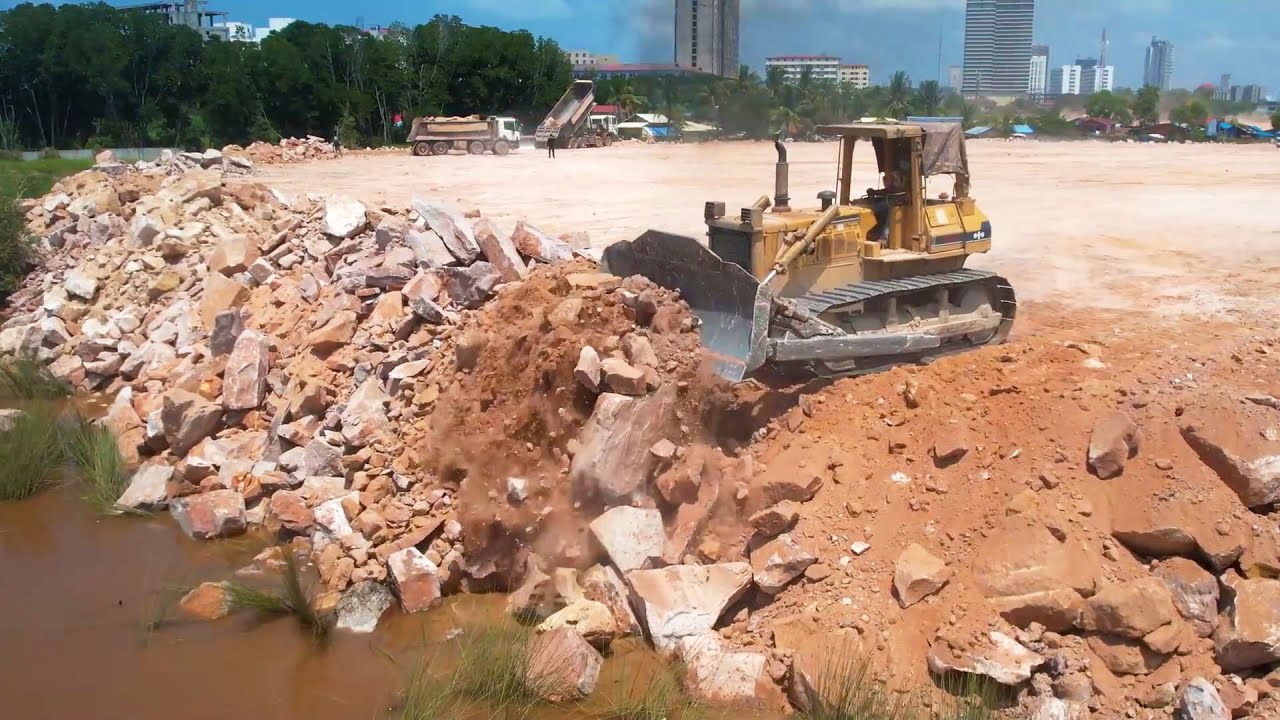 Incredible Machine Dozer Hard Work Pushing Huge Stones With High Level Landfilling Up & Clearing Mud