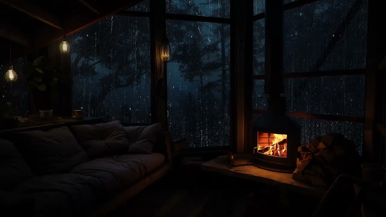 Cozy Cabin Night with Rainfall and Warm Fireplace | Relaxing Sleeping Ambience