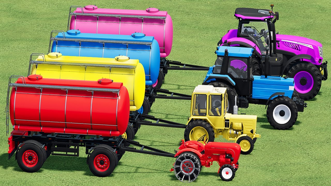 MUDDY PARKOUR WITH BIG & MINI TRACTORS & COLORED TANKERS  - TRACTORS vs DEEP WATER BATTLE! FS22
