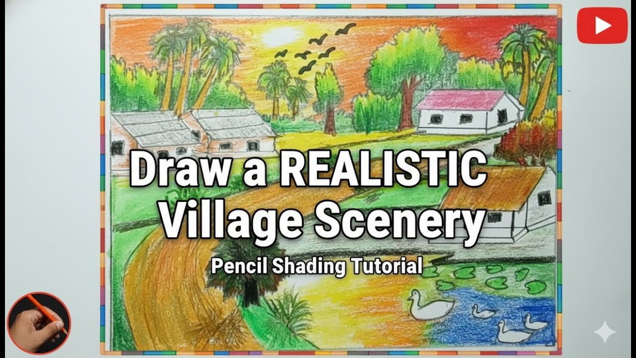 🌳 Draw a Realistic Village Scenery: Pencil Shading Tutorial for Trees, Hut, and Landscape Depth