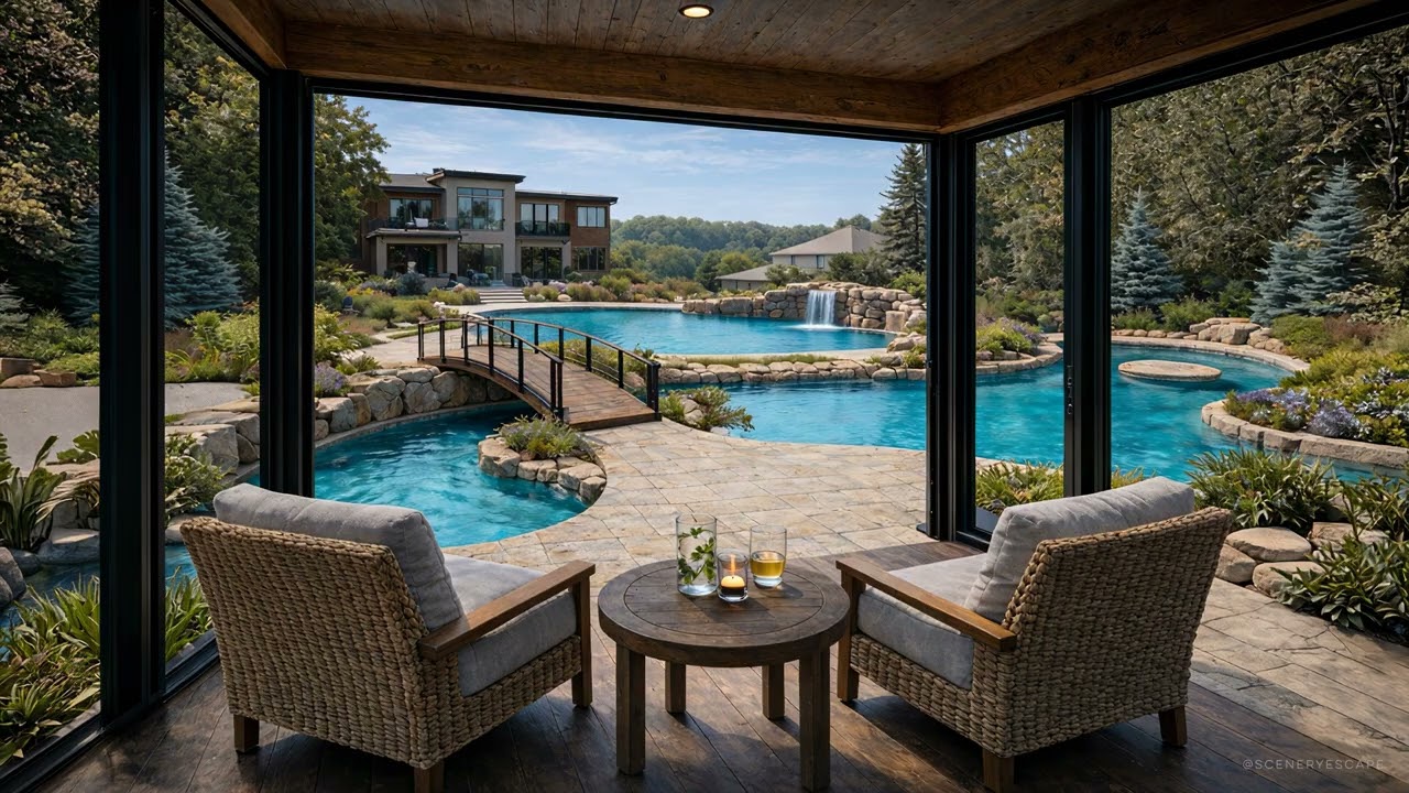 Luxury Backyard Cabana View with Lazy River & Waterfall Pool | Relaxing Ambience for Stress Relief