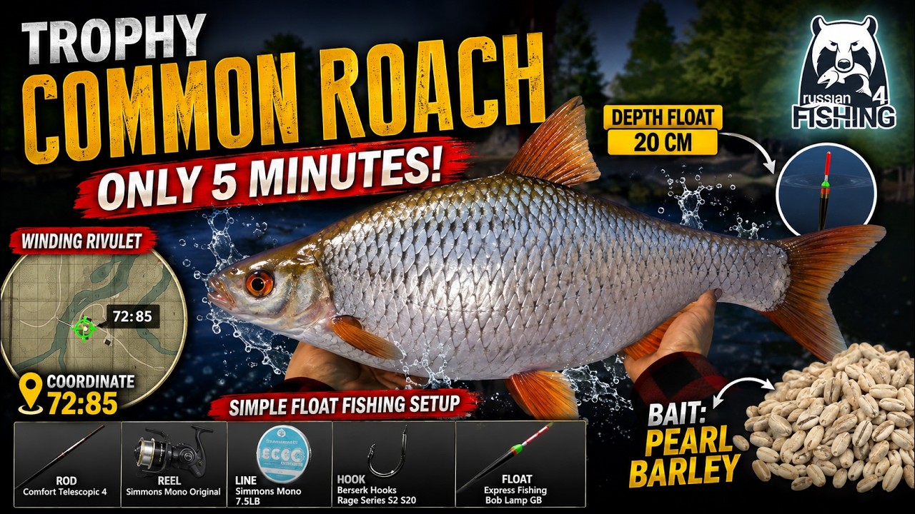 TROPHY Common Roach in 5 Minutes! BEST Pearl Barley Spot | Winding Rivulet | Russian Fishing 4