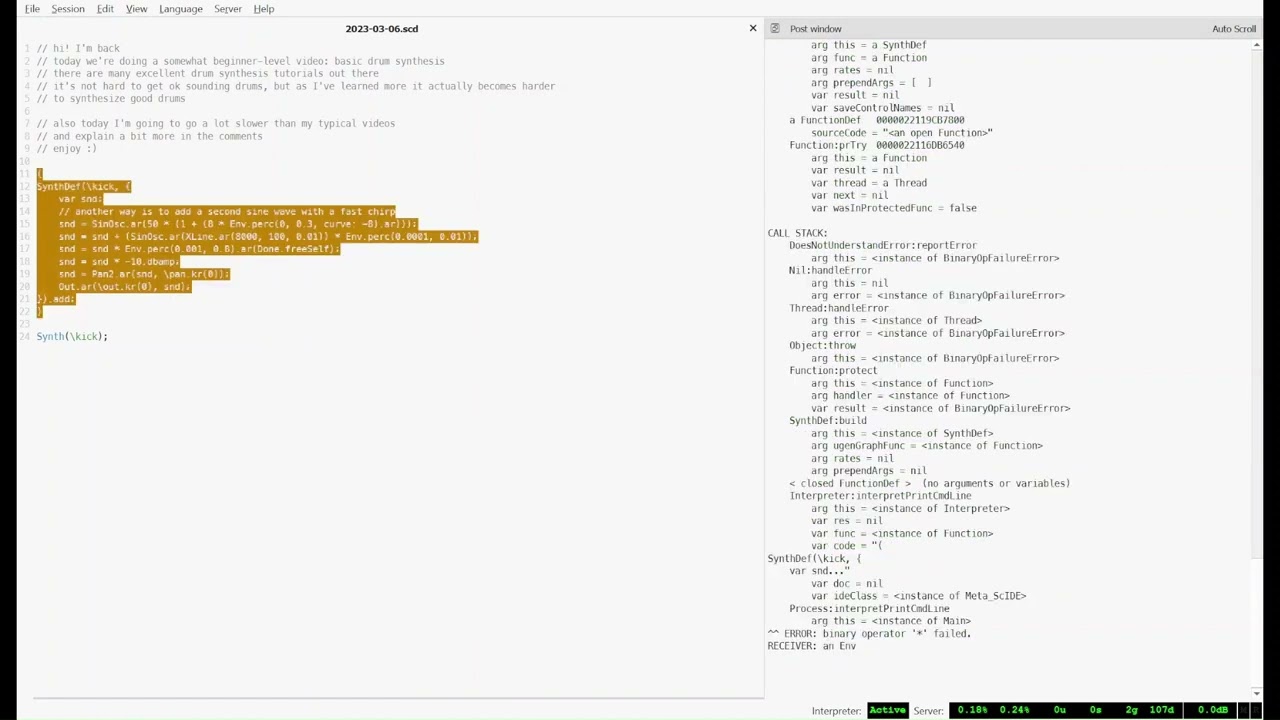 Drum synthesis for beginners (kick + snare) in SuperCollider, part 1
