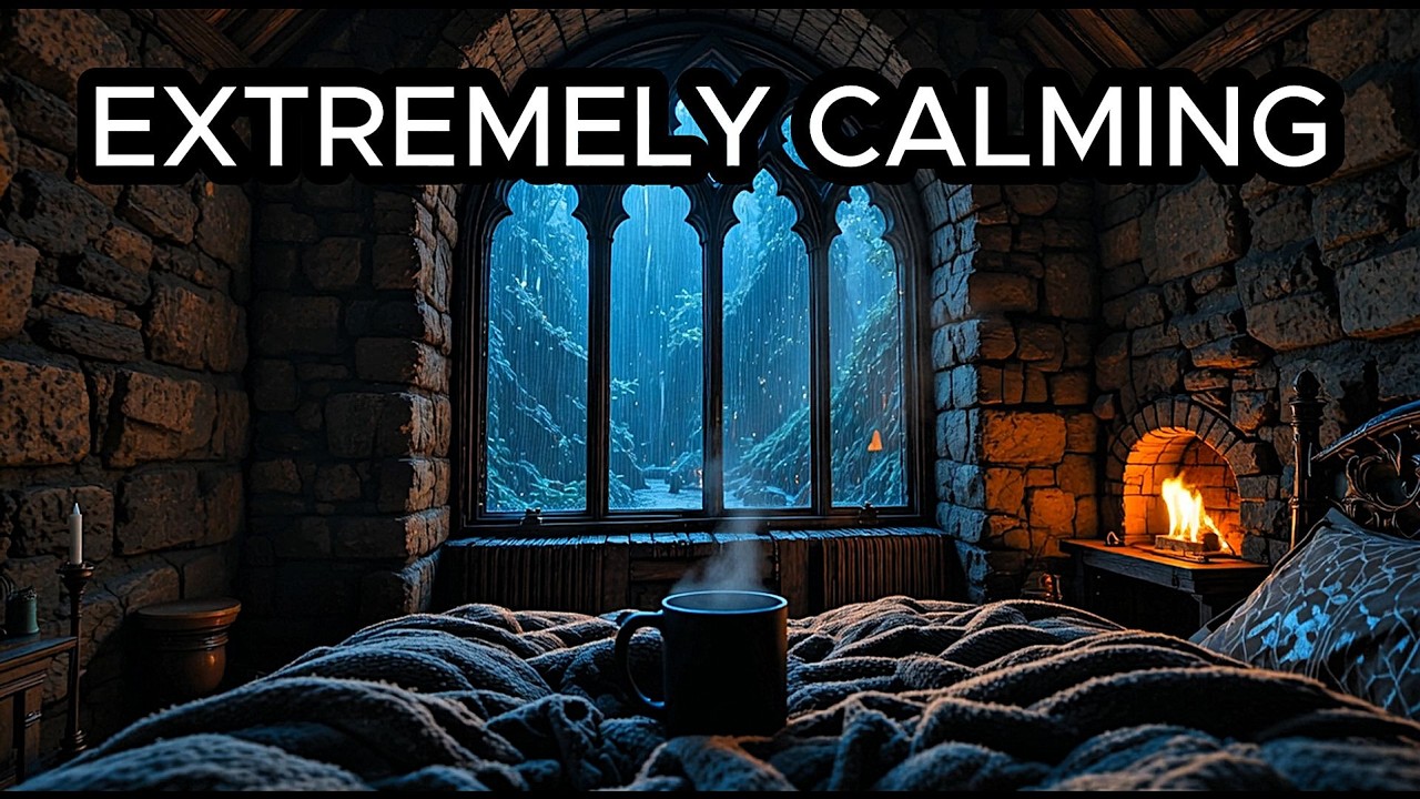 Heavy Rainstorm at Castle Window &vert; Loud Rain & Thunder Sounds for Sleep &vert; Dark Screen