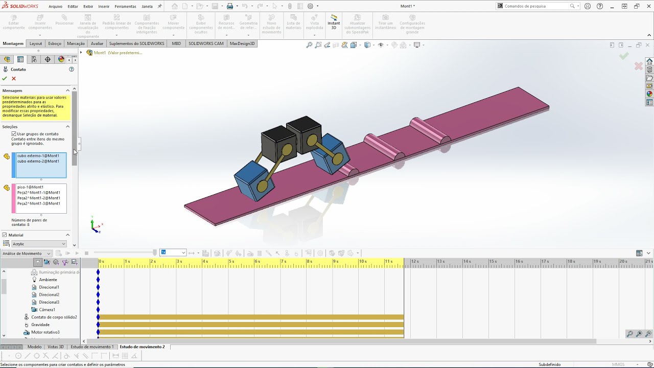 Aula 384 - Simulação Movimento Mecanismo Parte 2 - Solidworks - Marcelo Pereira