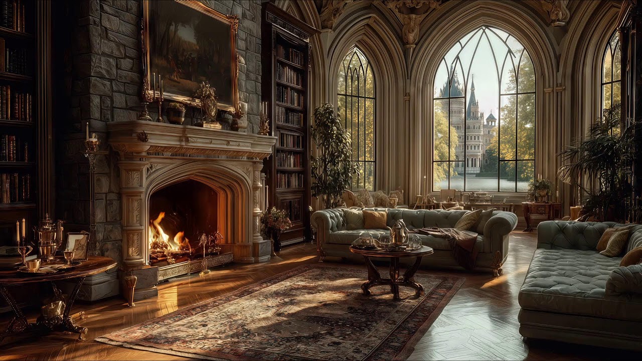 🔥 Cozy Sunlit Library with Crackling Fireplace | Peaceful Ambience for Relax & Study | No Ads