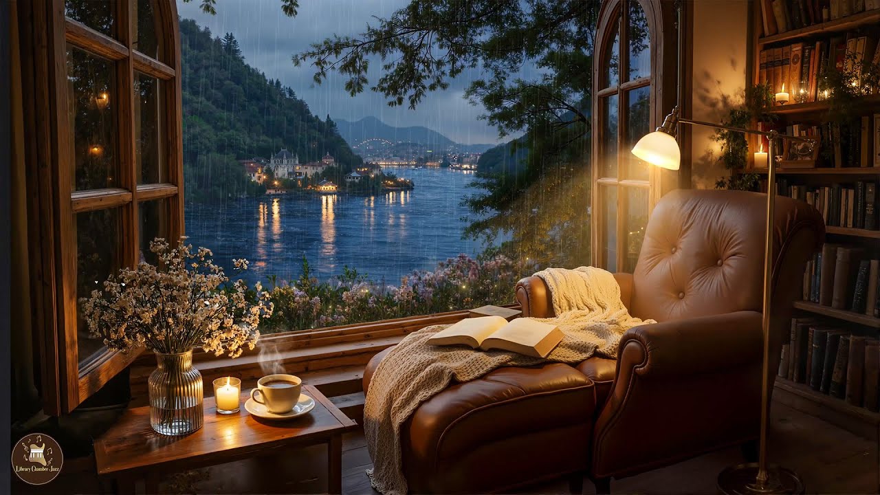 Soft Chamber Jazz for Rainy Evenings – Smooth Jazz Vibes in a Warm Library for Deep Calm Thinking