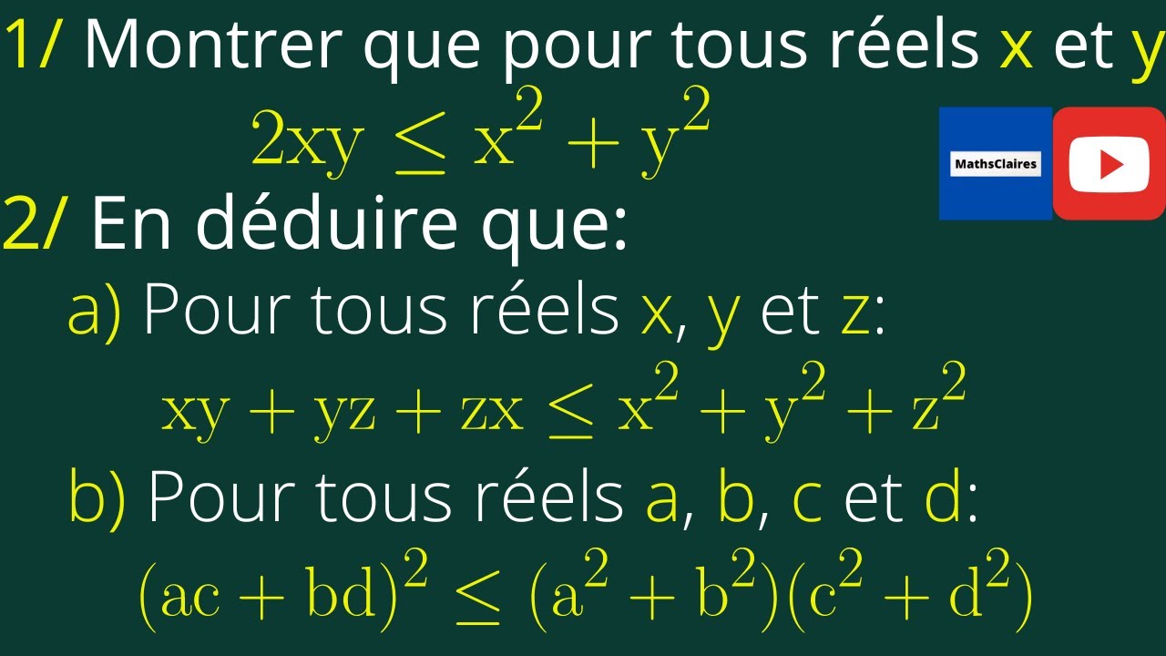 Calcul dans R: Utiliser l'inégalité 2xy≤x²+y² pour démontrer que (ac+bd)²≤(a²+b²)(c²+d²). Classe: 2S