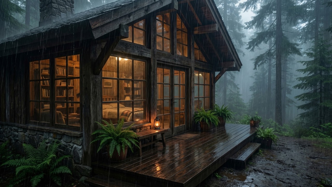 Thunder and Heavy Rain in a Forest Cabin for Restful Sleep and Stress Reduction