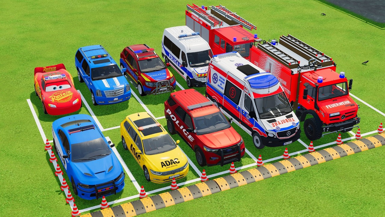 DACIA, MCQUEEN CAR, FORD POLICE CARS, AMBULANCE EMERGENCY TRANSPORTING WITH TRUCKS ! FS22 0202 #10