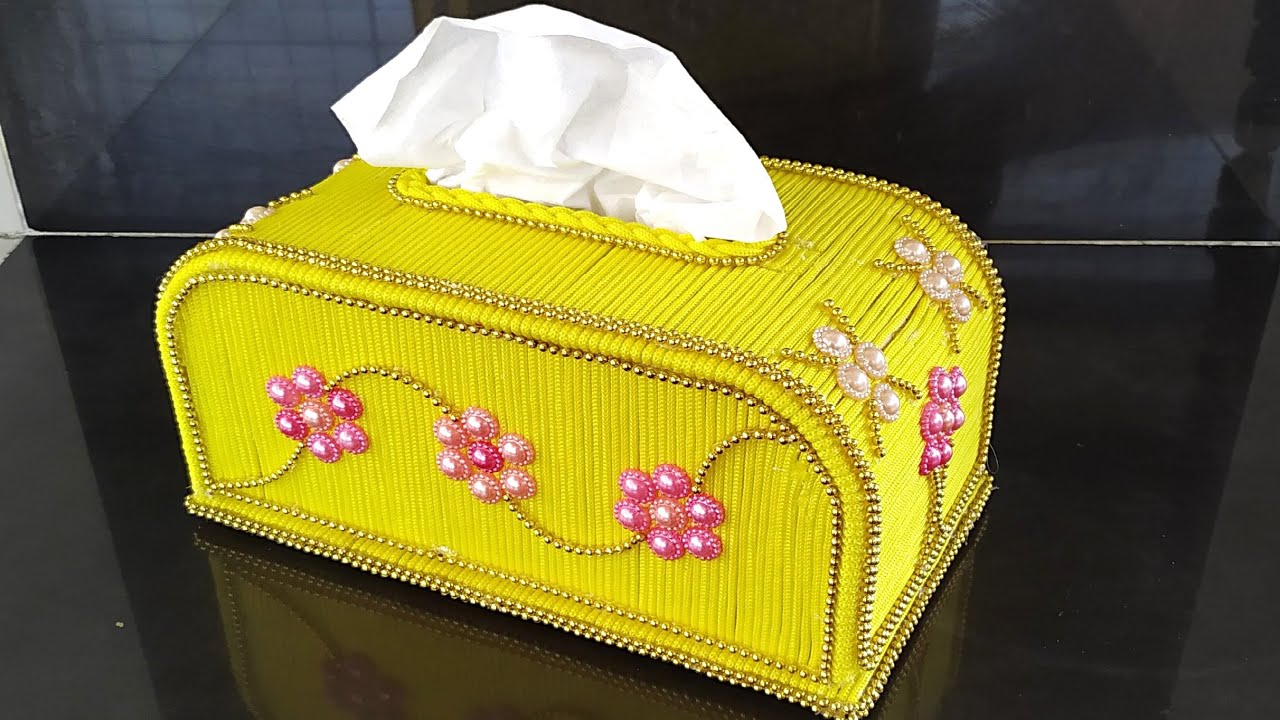 how to make tissue paper box with cardboard and macrame rope , tissue paper box making at home