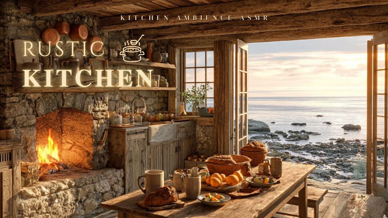 Rustic Kitchen at Sunset Edge | ASMR FIreplace with Ocean Sounds for Relaxation and Focus