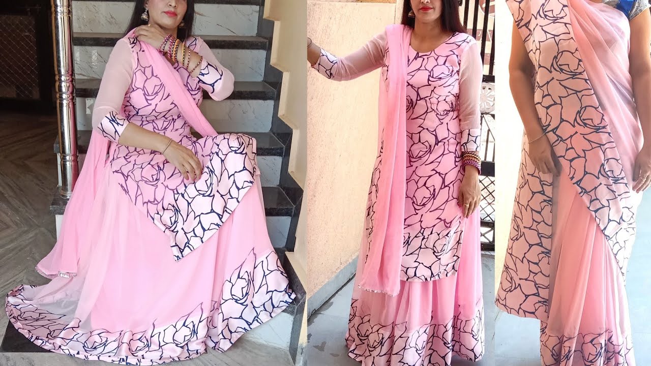 Saree reuse ideas/Trendy long skirt with Kurti cutting and stitching/punjabi jago dress