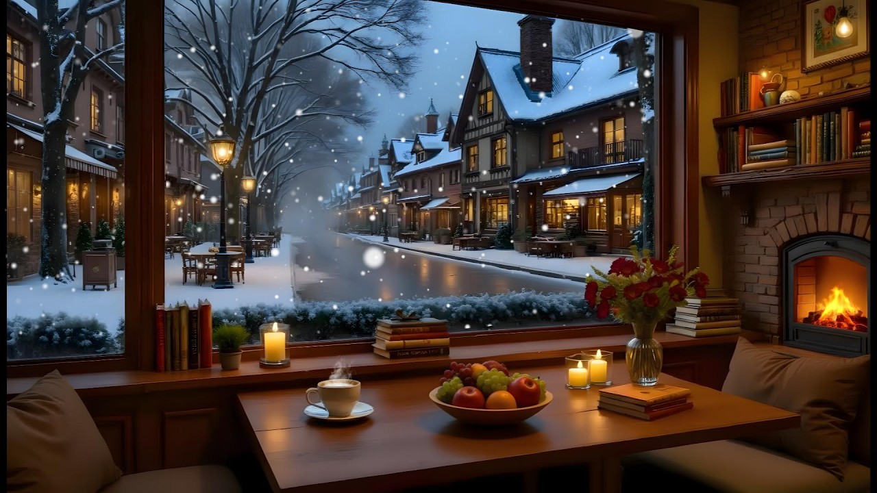 Winter Ambience ❄️ Cozy Coffee Shop Soothing Jazz Piano & Fireplace Sounds for Study and Work