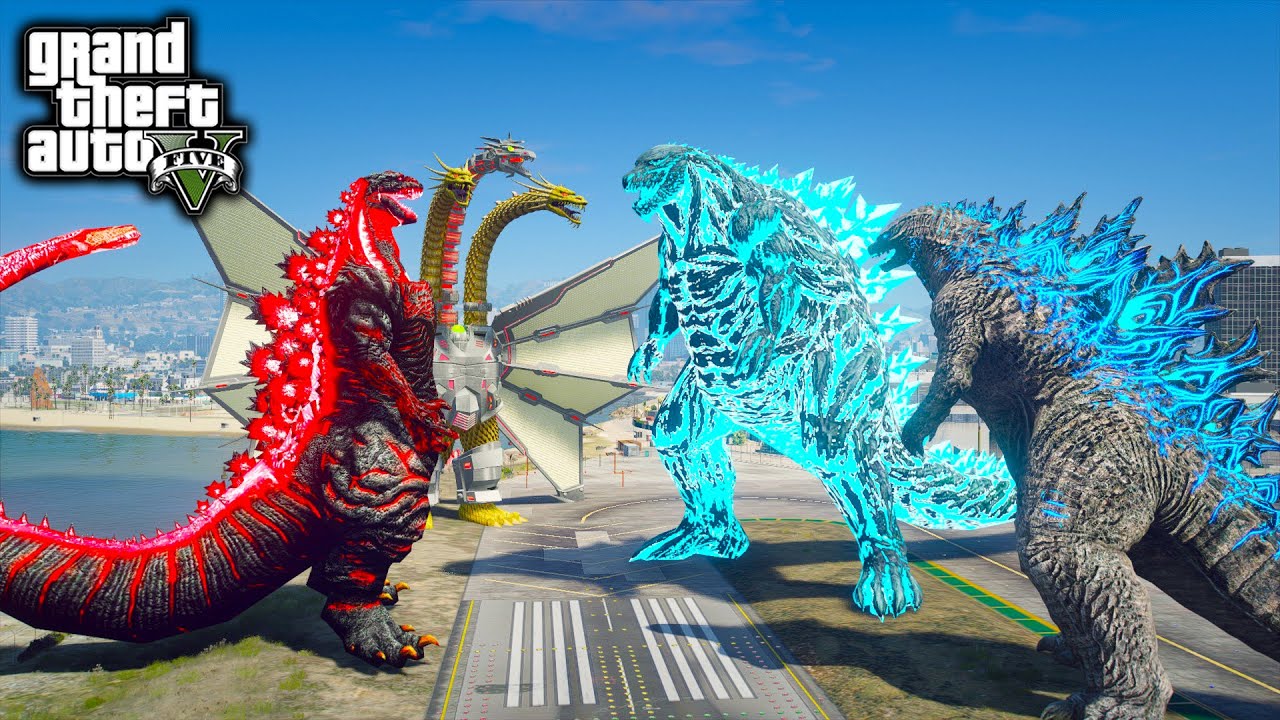 Godzilla Earth Vs Godzilla, Shin Godzilla , Mecha King Ghidorah ( GTA V Mods )