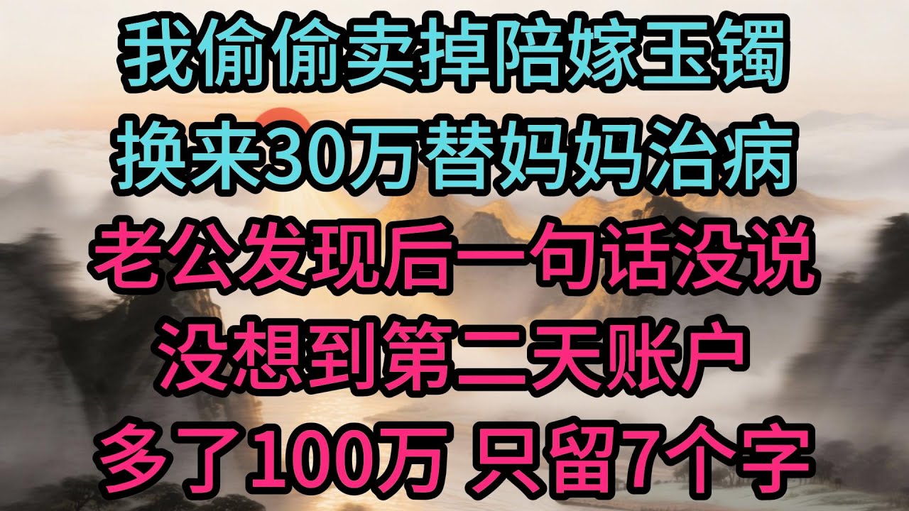 我偷偷賣掉陪嫁玉鐲換來30萬替媽媽治病，老公發現後一句話沒說，沒想到第二天帳戶多了100萬，只留7個字