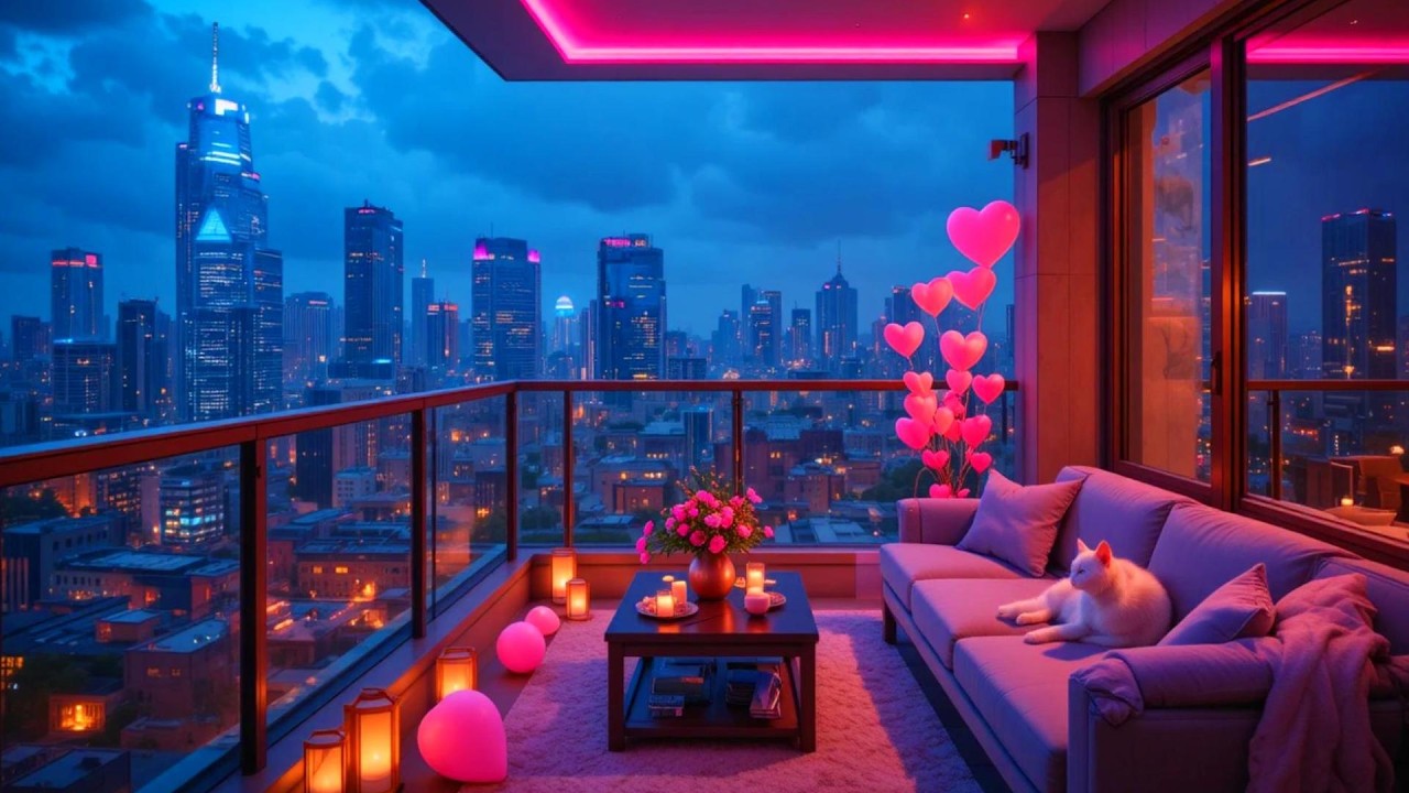Cozy Neon Balcony Rain ☕ Lofi Hip Hop Beats for Study Focus, Relaxation & Night Calm