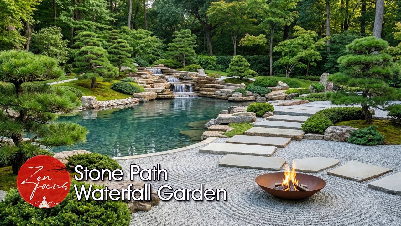 Stone Path Waterfall Garden • Calm Focus & Clarity | Zen Focus 1 Hours
