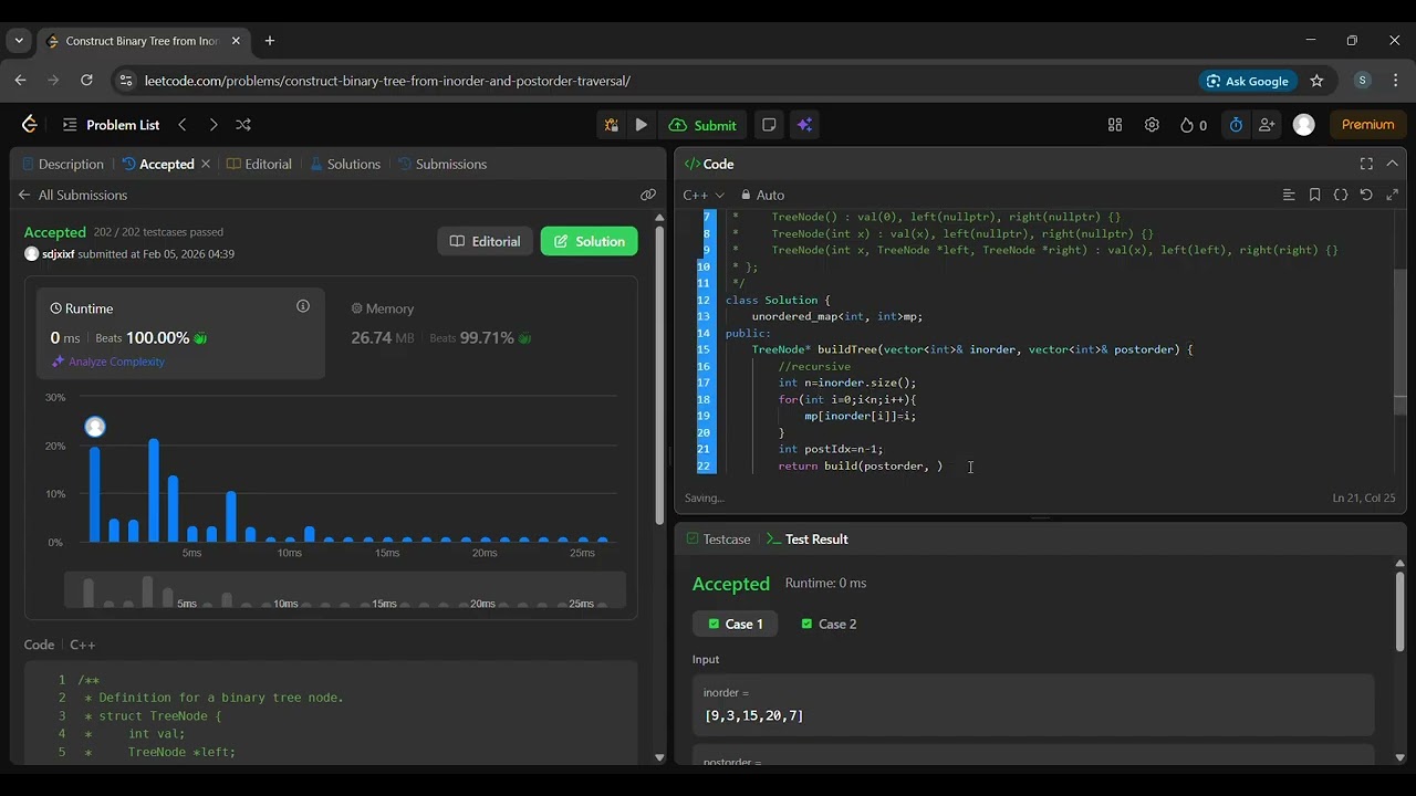LeetCode | 106. Construct Binary Tree from Inorder and Postorder Traversal | C++ | Day 106
