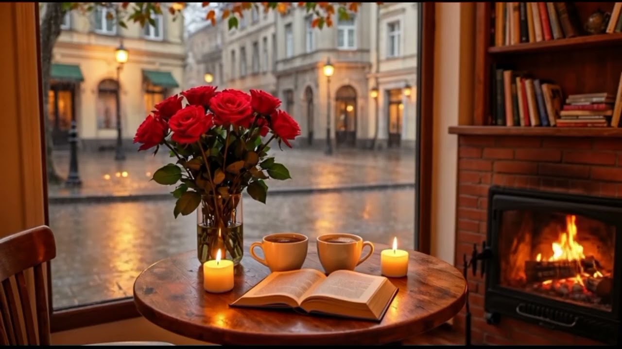 Warm Fireplace & Relaxing Jazz Piano | Cozy Rainy Café Ambience ☕🌧️🔥