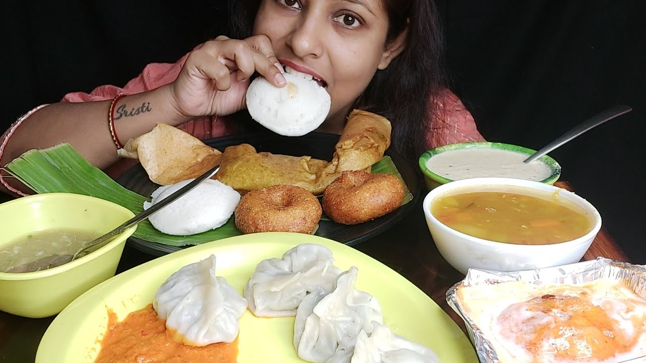 Eating Show - South Indian Food 😋 Masala Dosa Chutney, Dahi Vada, Chicken Momo|PoulamiEatingShow