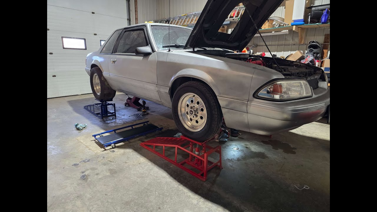 Mustang on jack stands! Time to chase an oil leak