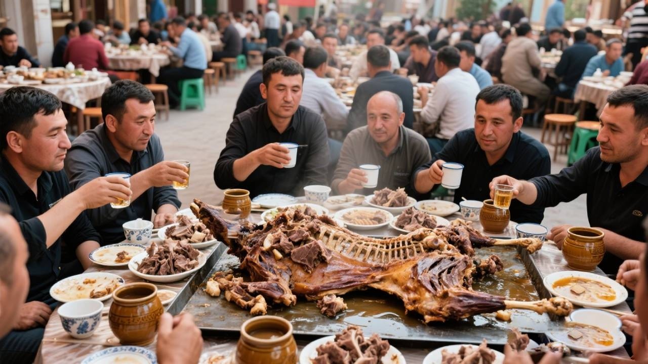 新疆喀什美食缸子肉，100多斤大绵羊炖成块，茶缸加山泉水铁板炖2小时【舟小九】