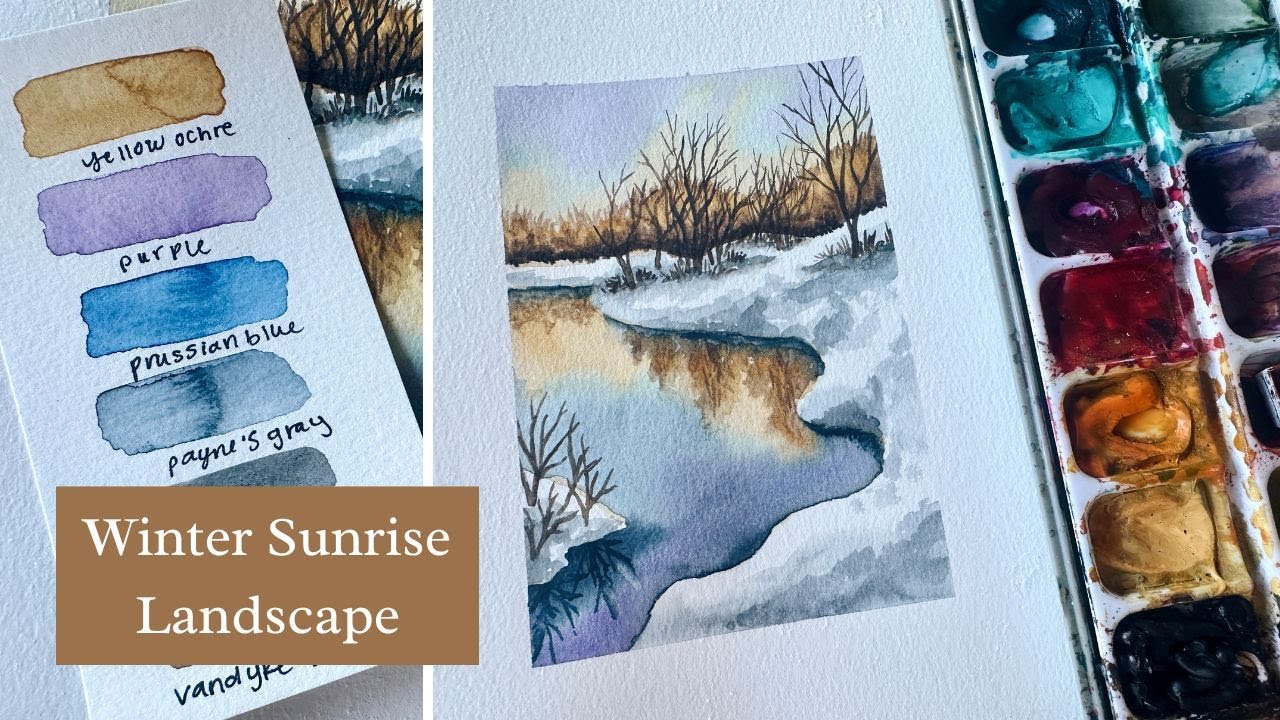 WATERCOLOR Winter SUNRISE Landscape Tutorial | Reflective RIVER with SNOW BANK | Step-by-step