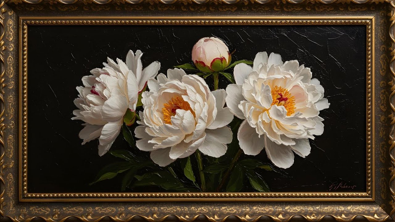 🌿 White Peony Oil Painting | Realistic 4K Gold Framed TV Art Screensaver | Background Picture