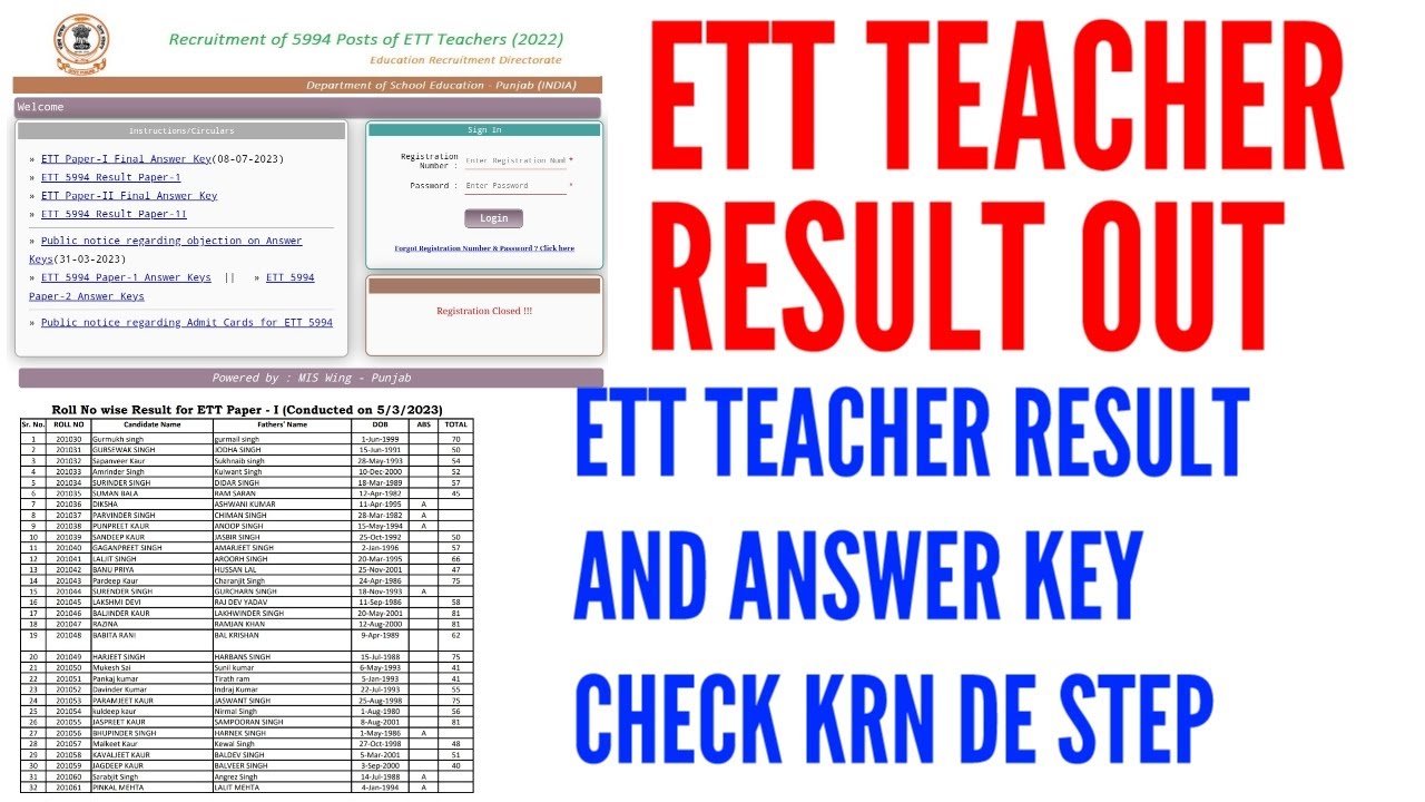 ETT TEACHER RESULT OUT | ETT TEACHER RESULT AND ANSWER KEY CHECK KRN DE STEP