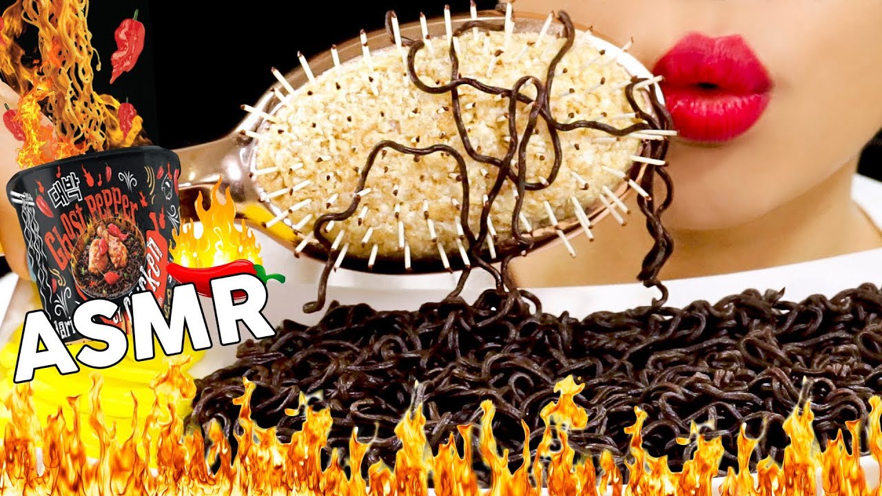 ASMR Edible Hair Brush Daebak Ghost Pepper Noodles 먹는빗 대박 고스트페퍼 라면 챌린지 먹방 Challenge Mukbang