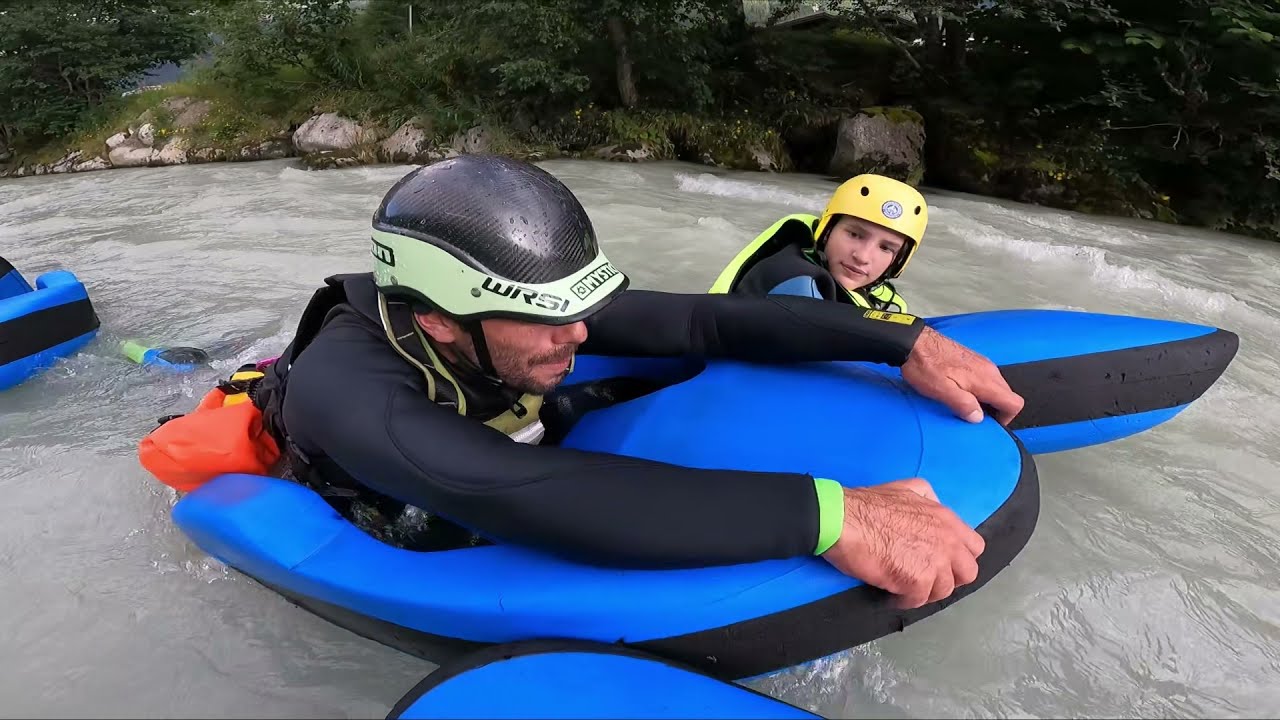 Hydrospeed fun at Chamonix. Surfing, rotating, swimming along the river through the downtown.