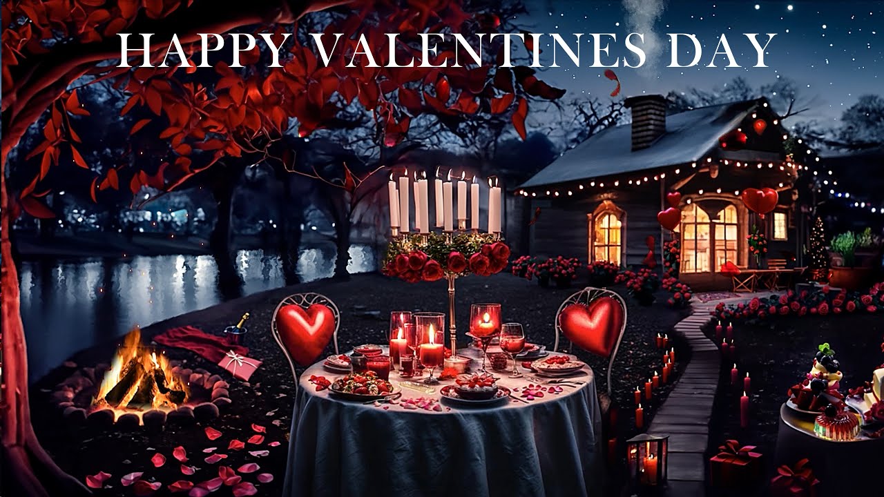 ROMANTIC VALENTINES DAY AMBIENCE-CRACKLING FIRE-CANDLELIGHT DINNER-ROSE PETALS-LOVELY SOFT PIANO