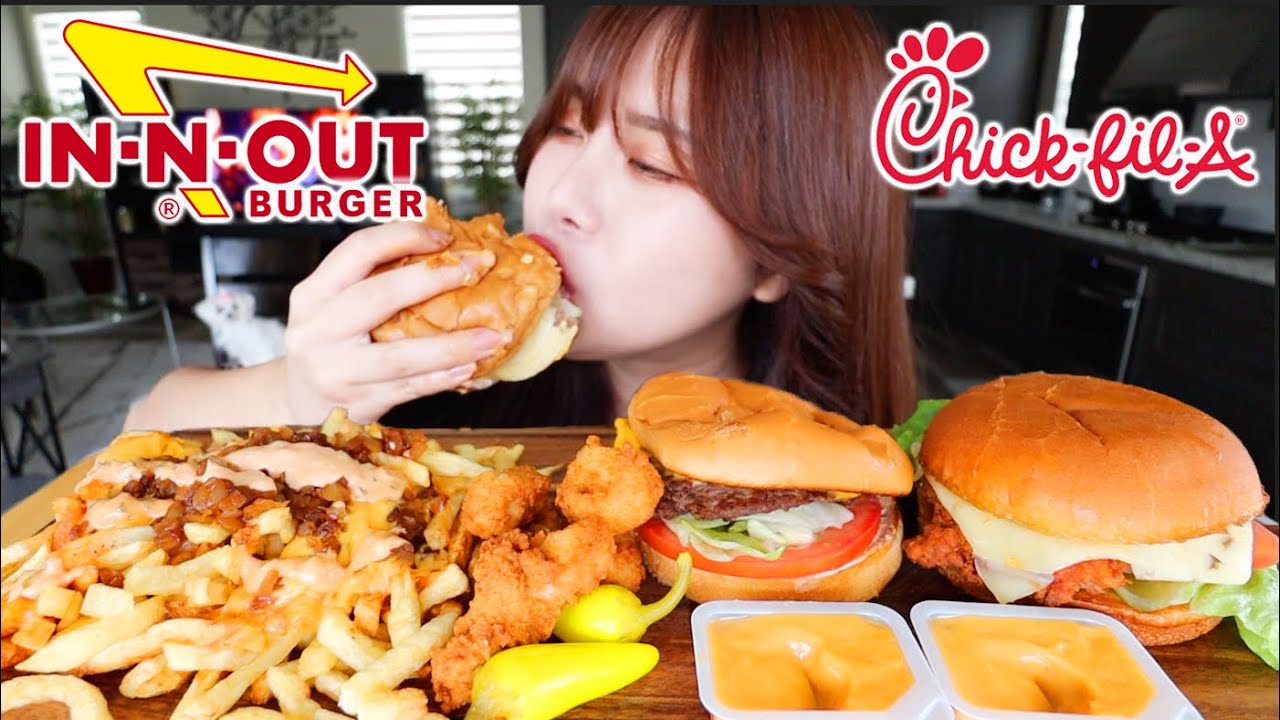 IN-N-OUT & CHICK-FIL-A FAST FOOD MUKBANG 먹방 Cheeseburger, Animal Style Fries, Spicy Chicken Sandwich