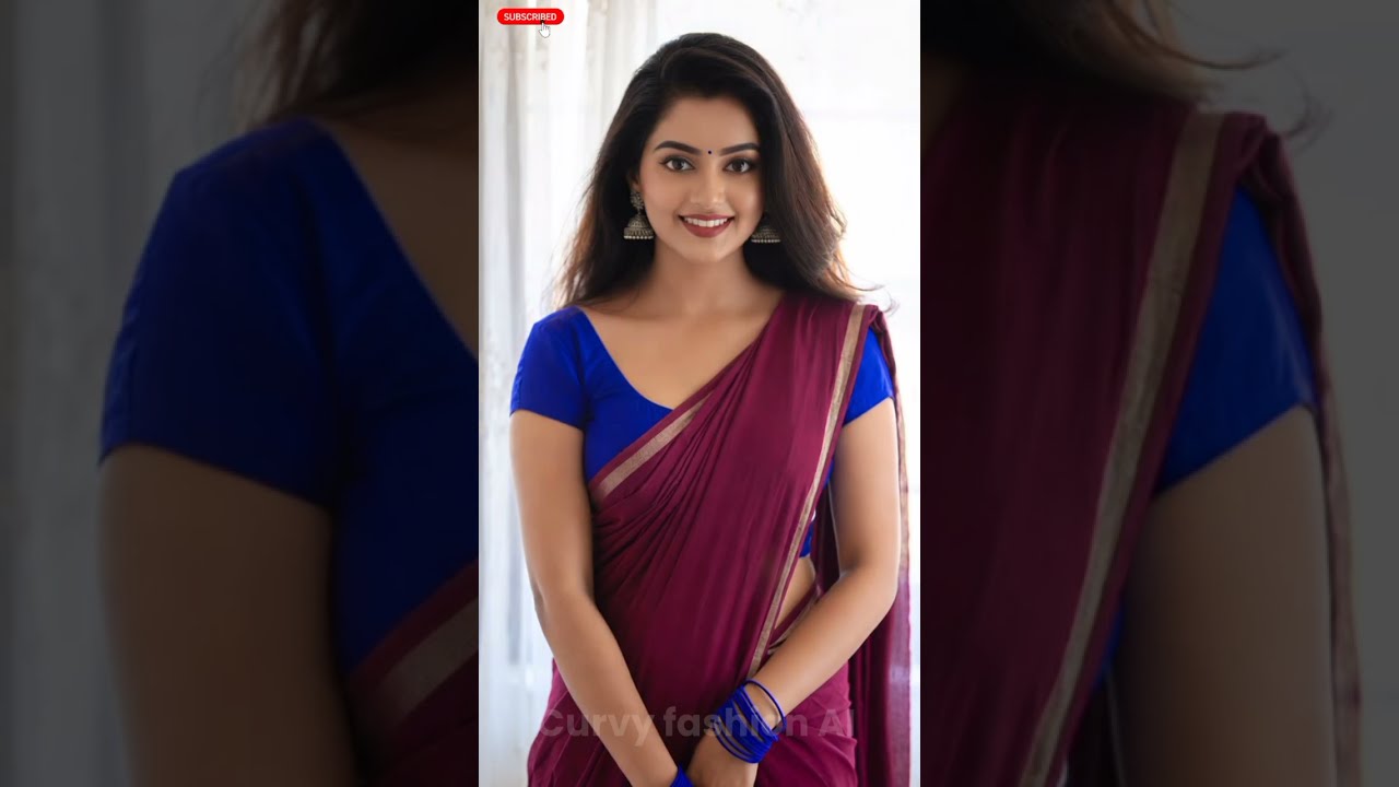 Elegant Curvy Woman in Maroon Saree and Blue Blouse | Indian Traditional Fashion | Curvy Fashion AI