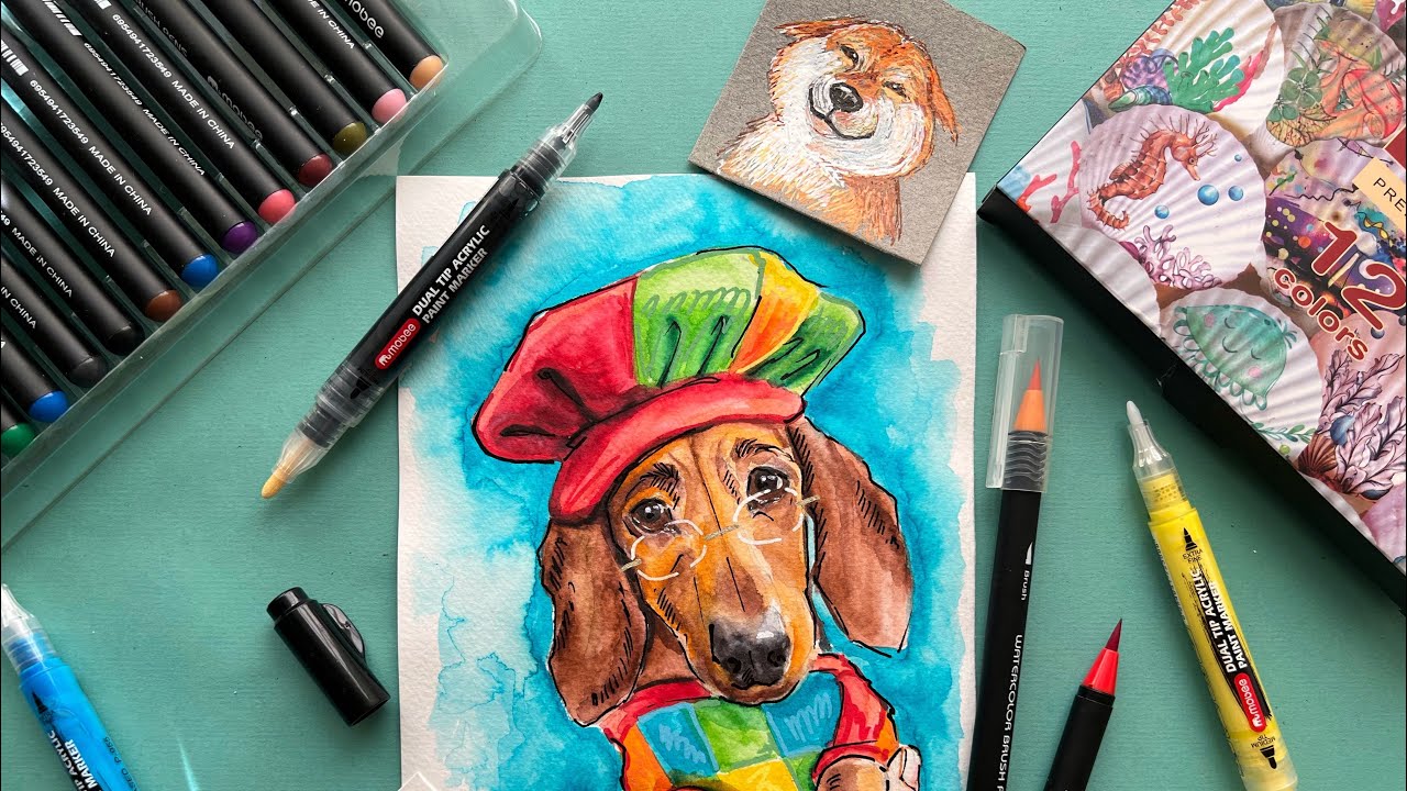 Рисуем собаку акварельными и акриловыми маркерами MOBEE art