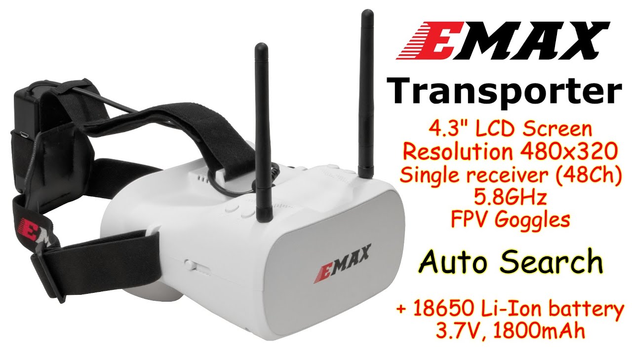 EMAX Transporter 4.3" FPV Goggles, 480x320, 48Ch, 5.8GHz, Auto Scan, 18650 battery
