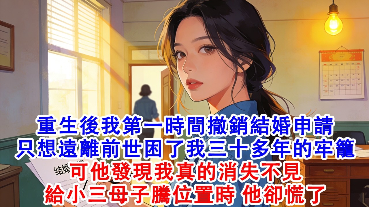【完結爽文】重生後我第一時間撤銷結婚申請，只想遠離前世困了我三十多年的牢籠。可他發現我真的消失不見，給小三母子騰位置時，他卻慌了#故事 #重生 #爽文 #重生故事 #情感 #小說 #完結