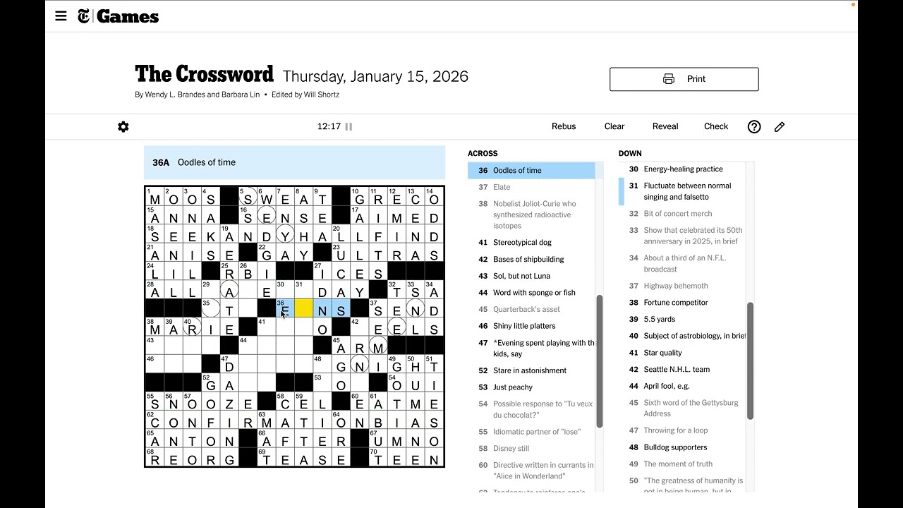 New York Times Crossword Solve - Thursday Jan 15 2026