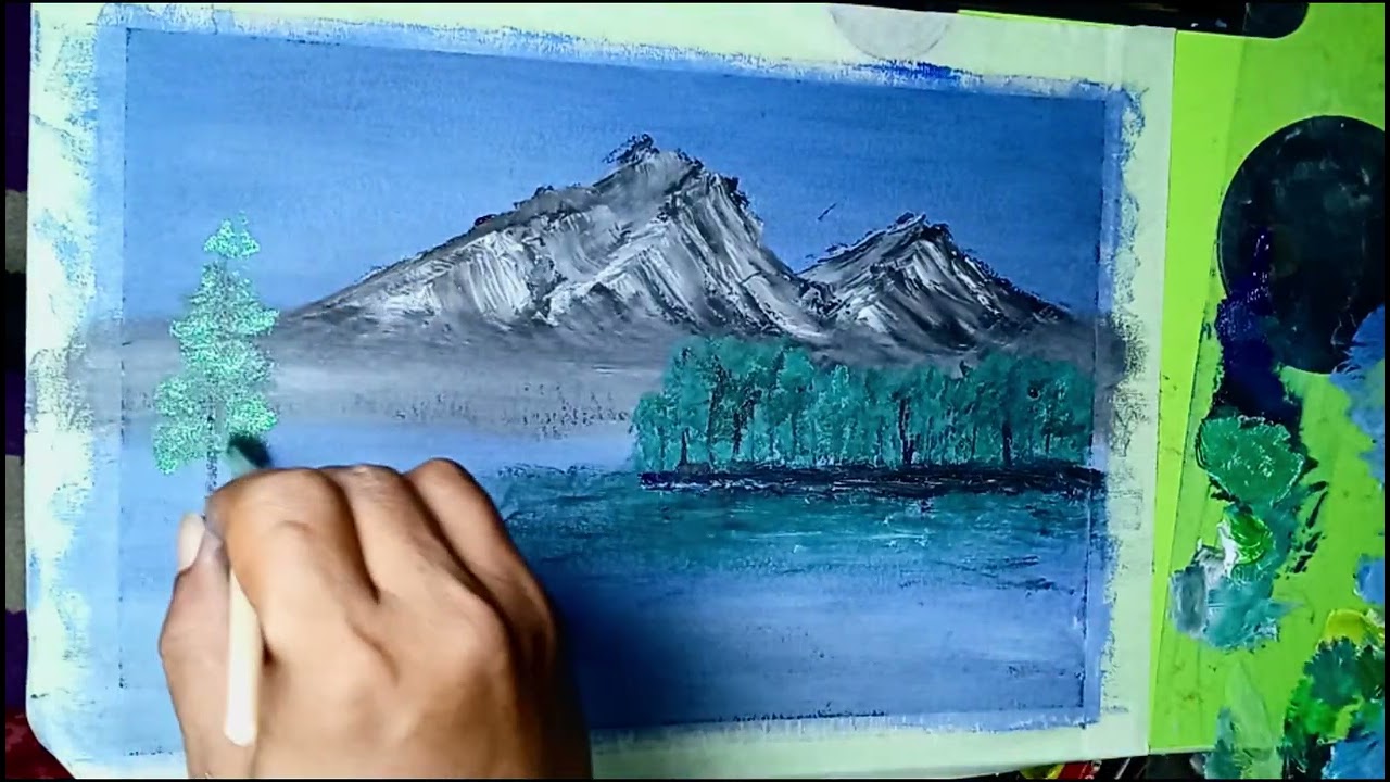 Saya coba melukis dengan cat minyak dikertas meniru gaya Bob Ross 😇