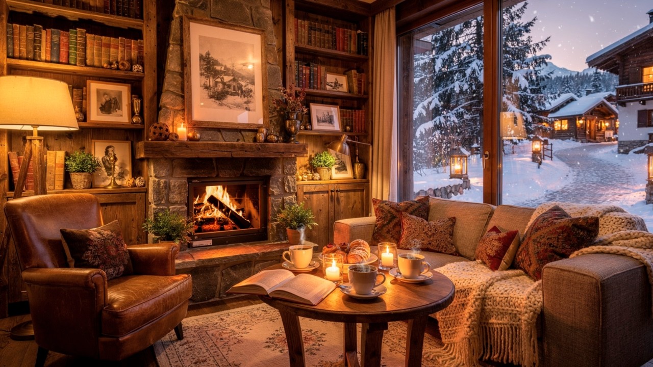 Warm Winter Coffee Shop Ambience ☕ Crackling Fireplace & Calm Jazz for Focus and Study