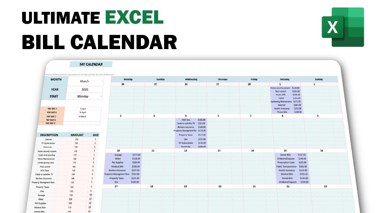 How to Create Bill Calendar Spreadsheet in Excel | Excel Tutorial #billpayment #Billcalendar