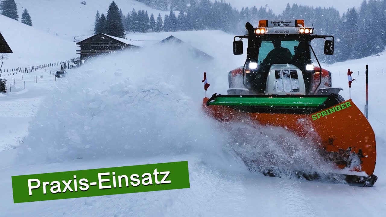 Springer-Schneepflug SHL 3304-3 Ersteinsatz im Winterdienst Steyr 6170 CVT, Schneeräumen Traktor,