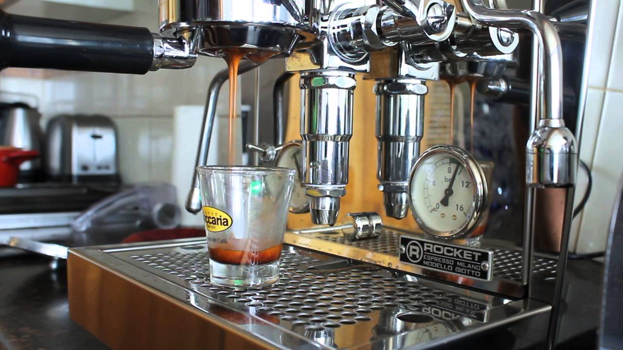 Double shot espresso using a bottomless (Naked) portafilter. Giotto Rocket machine