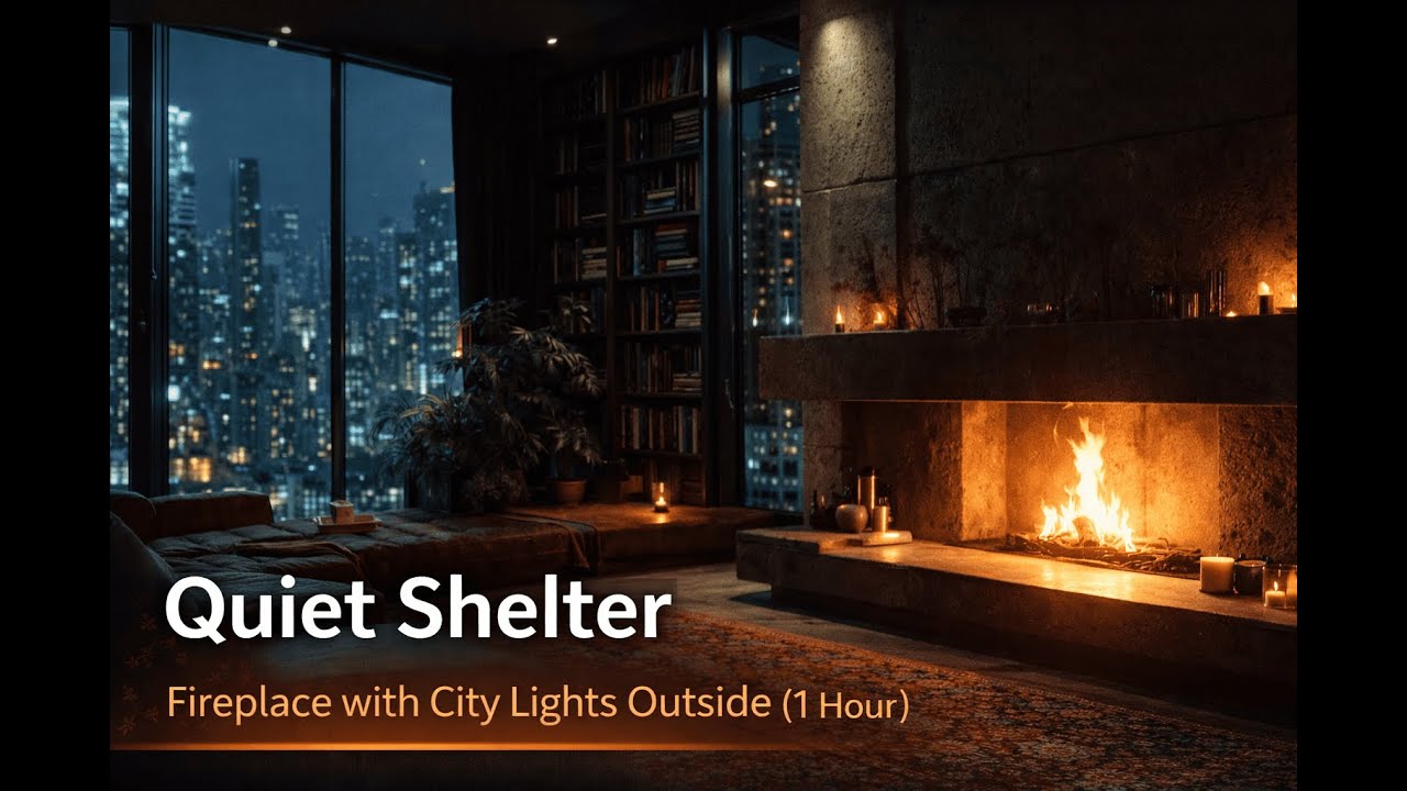 Quiet Shelter — Fireplace with City Lights Outside (1 Hour)